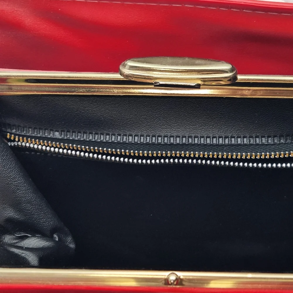 VTG 1950’s Red Faux Leather Handbag w/ Double Top Handles & Gold Hardware Read